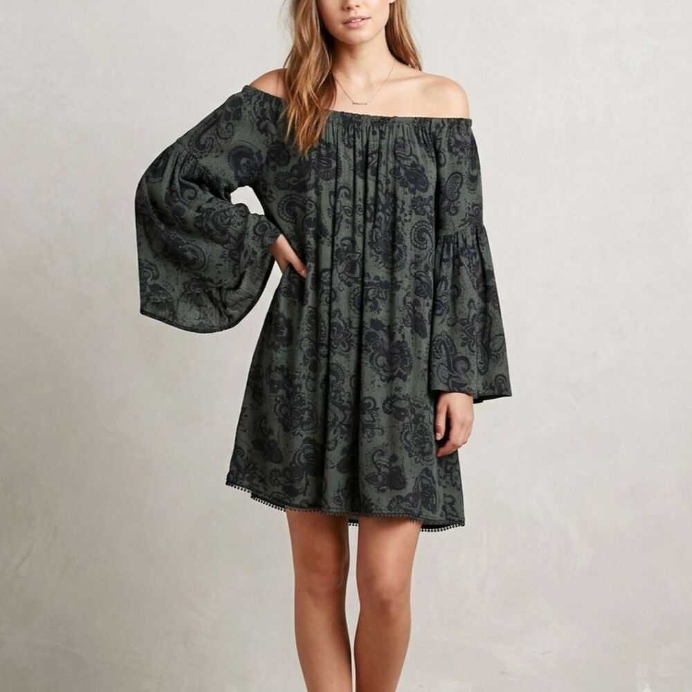 Nordstrom Hinge Boho Tunic Dress Off The Shoulder Bell Sleeves Green Black XS